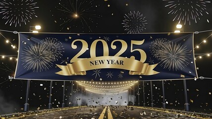 Elegant New Year 2025 celebration banner with gold ribbon and fireworks on a dark, festive background.	