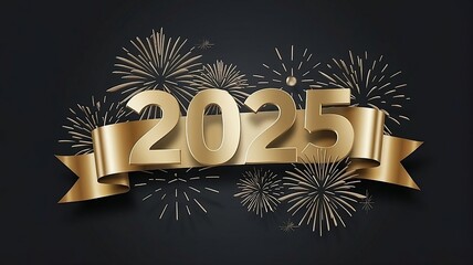 Elegant New Year 2025 celebration banner with gold ribbon and fireworks on a dark, festive background.	