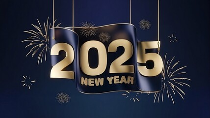 Elegant New Year 2025 celebration banner with gold ribbon and fireworks on a dark, festive background.	