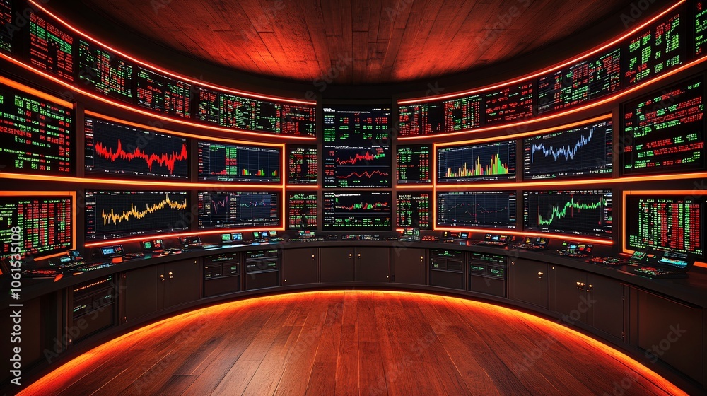 Poster stock trading floor environment with real-time ticker screens, desks, and financial graphs displayin