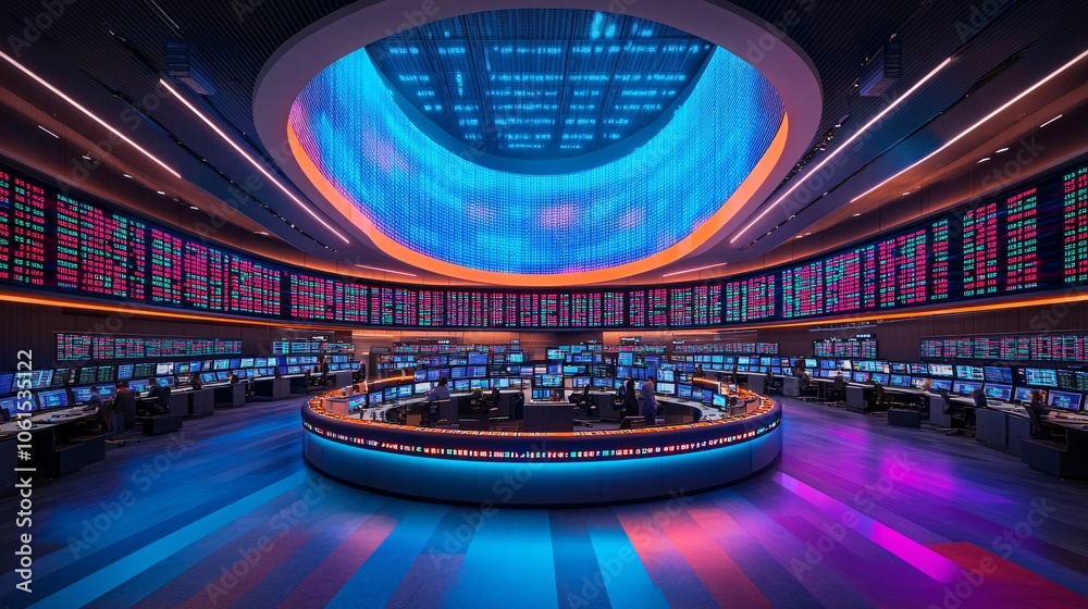 Poster stock trading floor environment with real-time ticker screens, desks, and financial graphs displayin