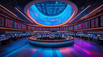 Stock trading floor environment with real-time ticker screens, desks, and financial graphs displaying market fluctuations with empty space for text