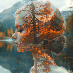 Autumn Fantasy Double Exposure Portrait with Forest and Leaves