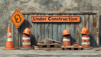 Naklejka premium Construction Site with Hard Hats Cones and Warning Sign