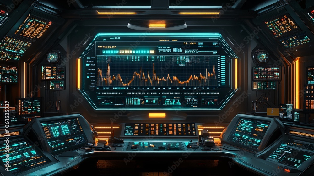 Poster Illustration of stock market trends and growth patterns displayed on a transparent holographic interface, emphasizing global finance with empty space for text