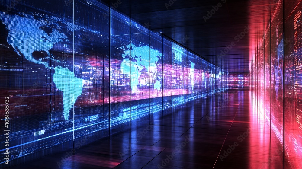 Aufkleber Illustration of stock market trends and growth patterns displayed on a transparent holographic interface, emphasizing global finance with empty space for text