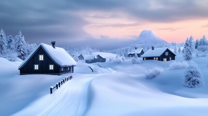 Snow-covered village at dusk with glowing windows and a serene mountain backdrop, AI