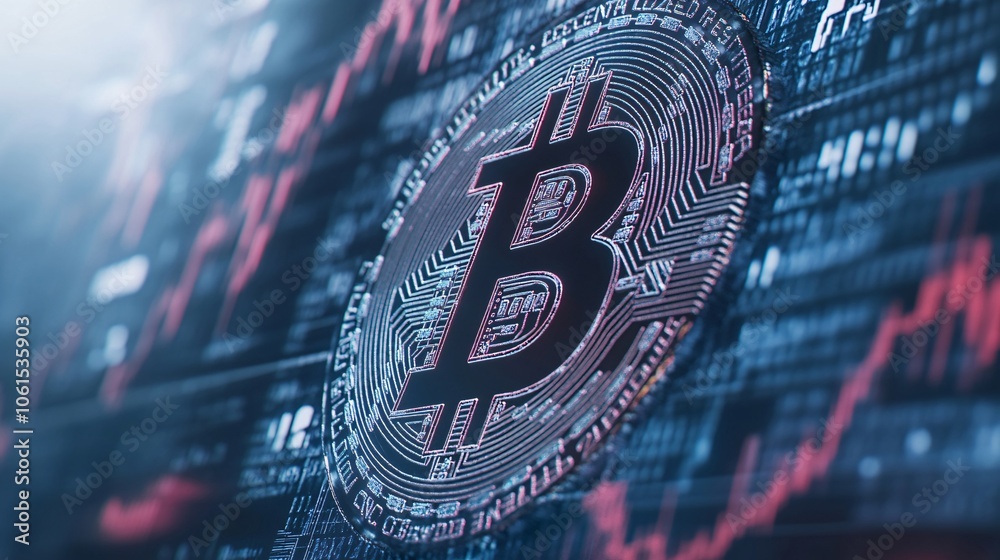 Poster Close-up of a laptop screen displaying cryptocurrency trading charts, including market volatility indicators and a digital wallet balance with empty space for text