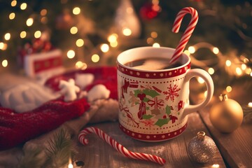 Fototapeta premium Festive Christmas mug with a candy cane, surrounded by ornaments, holiday decorations, and cozy bokeh lights, creating a warm and inviting holiday ambiance