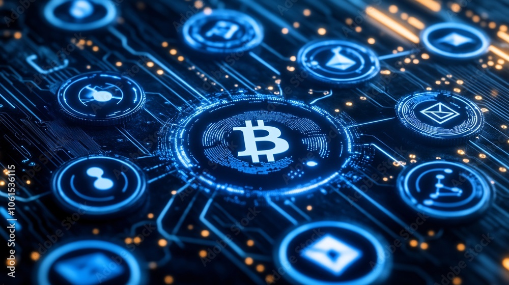 Aufkleber Illustration of blockchain technology with interconnected nodes and digital coins symbolizing decentralized finance, data integrity, and security with empty space for text