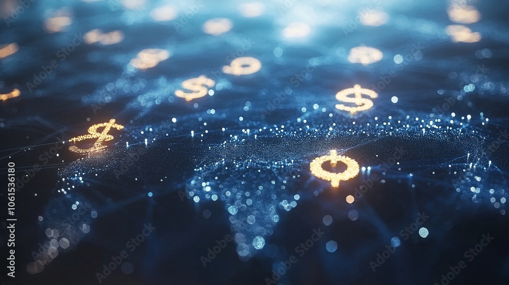 Poster Abstract graphic of a digital financial ecosystem with glowing lines connecting global currency symbols and financial icons over a dark blue background with empty space for text