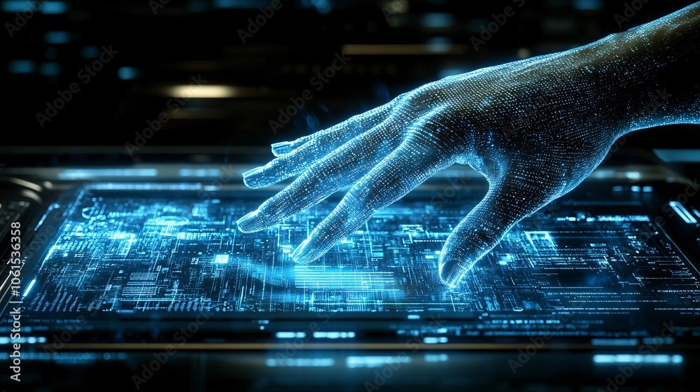 Aufkleber Conceptual image of biometrics used in fintech with a hand on a digital scanner, emphasizing security, authentication, and identity protection with empty space for text