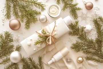 Minimalistic holiday skincare arrangement with evergreen branches, white and gold ornaments, and gift-wrapped beauty products, creating a fresh and serene winter aesthetic