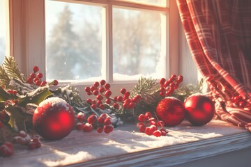Christmas window decor with red baubles, frosted berries, and evergreen branches on a snowy windowsill, with soft natural light and plaid curtains creating a cozy winter atmosphere