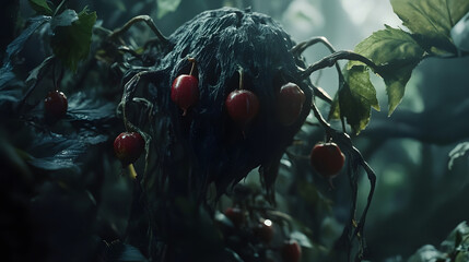 A sinister-looking plant with dark foliage and toxic berries.
