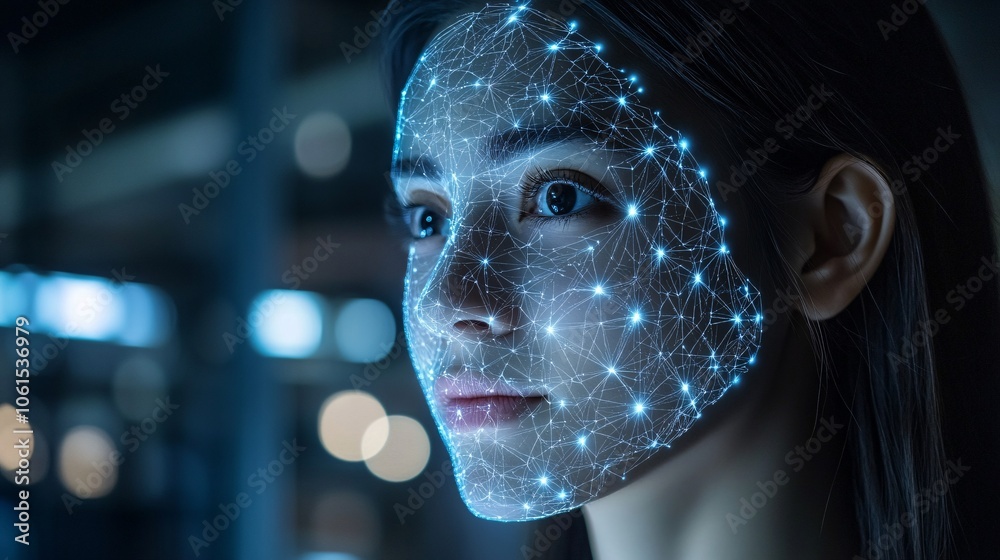 Poster Digital identity verification concept with a facial recognition system on a smartphone, highlighting security measures in digital banking with empty space for text