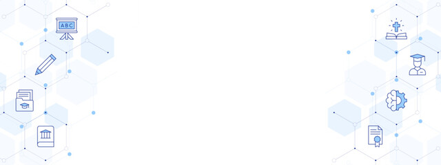 Education Banner Vector Illustration with Two-sided Icon Style. Line Duotone icon. Containing history book, brain, teaching, bible, student, pencil, folder, file