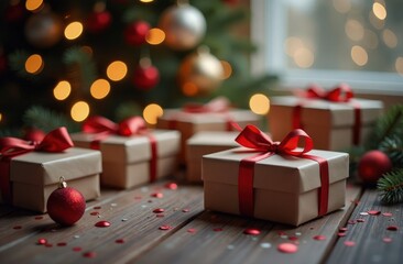 Christmas gift on Christmas wooden background, Copy space