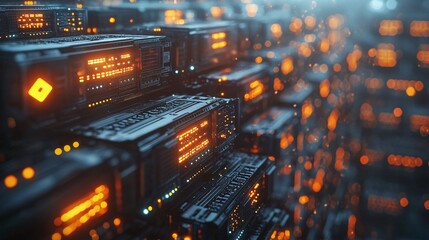 Obraz premium Image of cryptocurrency mining with multiple server racks, glowing LED indicators, and data connections symbolizing blockchain transactions with empty space for text