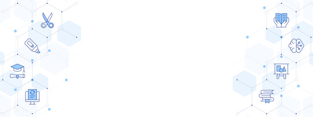 Education Banner Vector Illustration with Two-sided Icon Style. Line Duotone icon. Containing scissors, geometric shapes, data processing, marker, brain, books, training, education