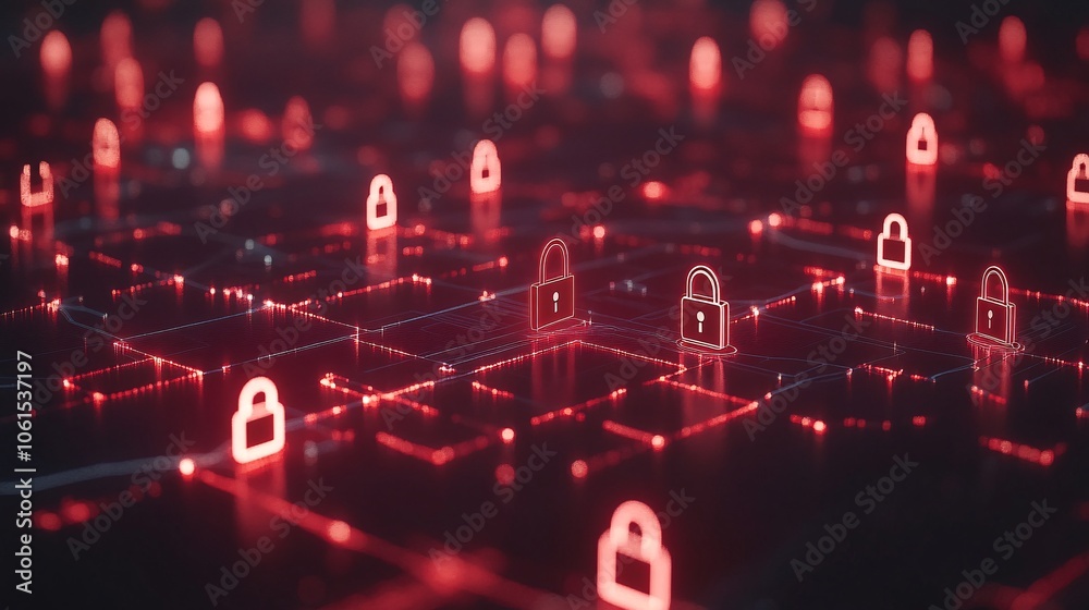 Fototapete Abstract image of data encryption in fintech, showing padlocks, secure keys, and layered security icons over a digital network with empty space for text