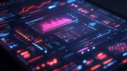 Graphical display of financial insights on a tablet screen, with investment opportunities, risk levels, and AI-driven recommendations with empty space for text
