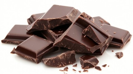 Delicious Dark Chocolate Pieces Isolated on White Background