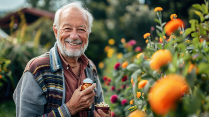 A cheerful senior man stands in a colorful garden, holding a bottle of vitamins. the image highlights the significance of daily supplements in supporting health and vitality during older age