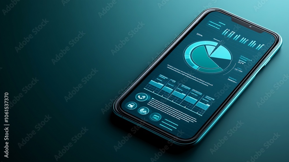 Aufkleber smartphone displaying a budgeting app with pie charts and spending breakdowns, highlighting personal