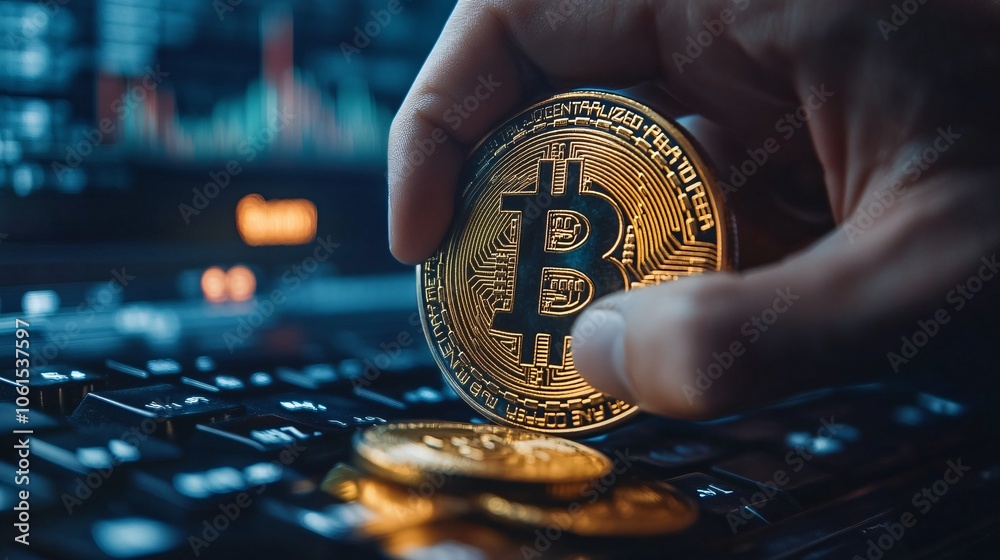 Poster Person analyzing crypto wallet data with a holographic interface, focusing on decentralized finance and future-oriented fintech technology with empty space for text