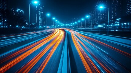 Night City Highway with Light Trails and Cityscape