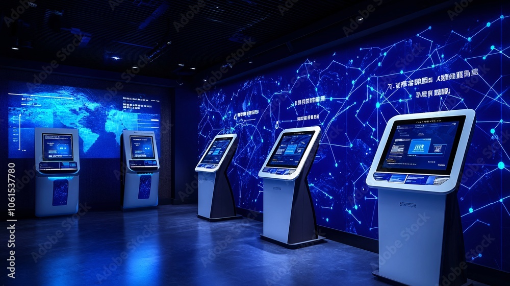Poster Image of a futuristic bank branch without physical tellers, showcasing digital kiosks and automated financial services with empty space for text