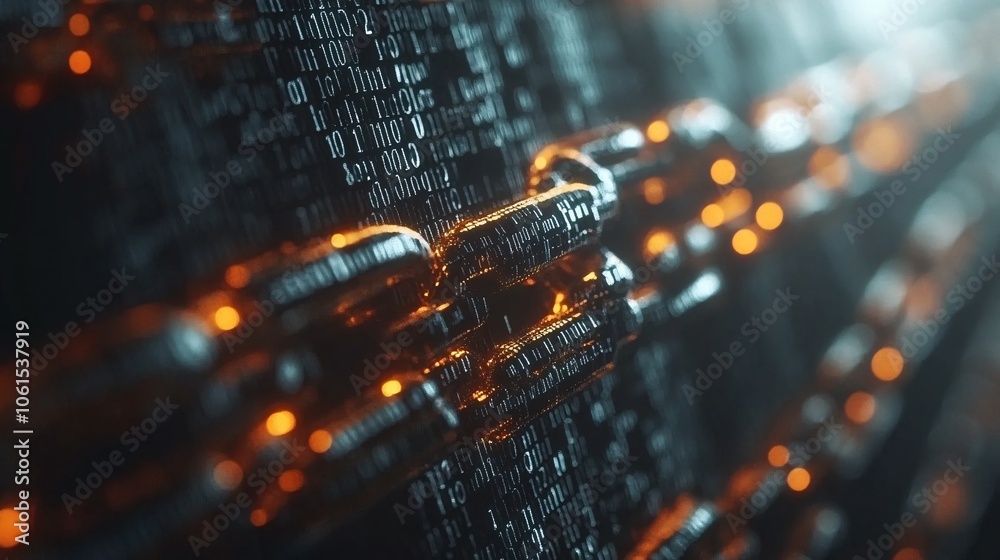 Leinwandbilder Close-up of blockchain code running on a screen, highlighting the transparency and security features in decentralized financial transactions with empty space for text