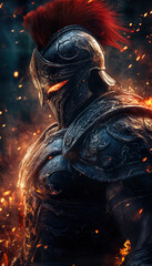 Fierce Armored Warrior with Flames and Smoke in Dark Fantasy Style
