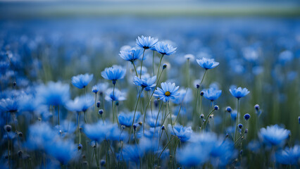 A field of blue flowers with a blue sky in the background