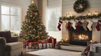 cozy indoor scene featuring a warmly lit Christmas tree with a variety of ornaments