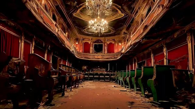 he interior of the interior of the Palais Garnier, with  the chandelier  hanging from  the ceilihe Palais Garnier, with  the chandelier  hanging from  the ceiling  and  green chairs  lining the walls.