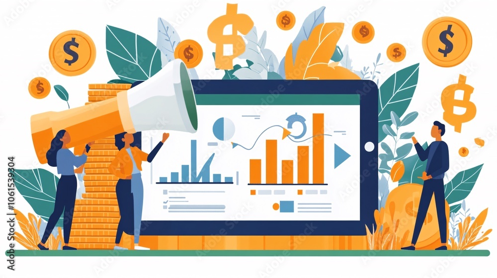 Poster Graphic of pay-per-click campaign metrics on a tablet screen, focusing on impressions, clicks, and ad performance for a targeted marketing strategy with empty space for text