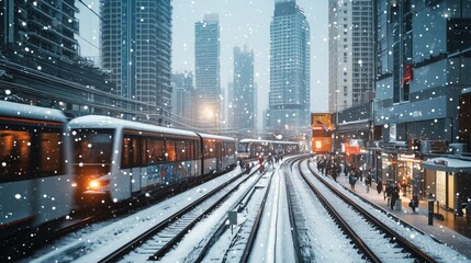 Obraz premium Subway train arriving at station during snowfall in city center.