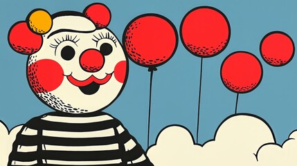 Playful retro clown with red balloons against a blue sky