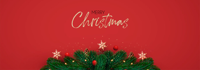 Christmas decoration with fir tree branches, balls and gold snowflakes. Happy New Year traditional design © feaspb