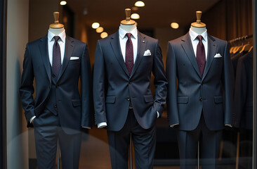 Three men's suits stylishly displayed in a shop window