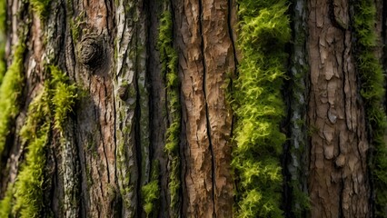 Obraz premium Detailed Close Up of Woodland Tree Bark with Moss Texture and Cracks