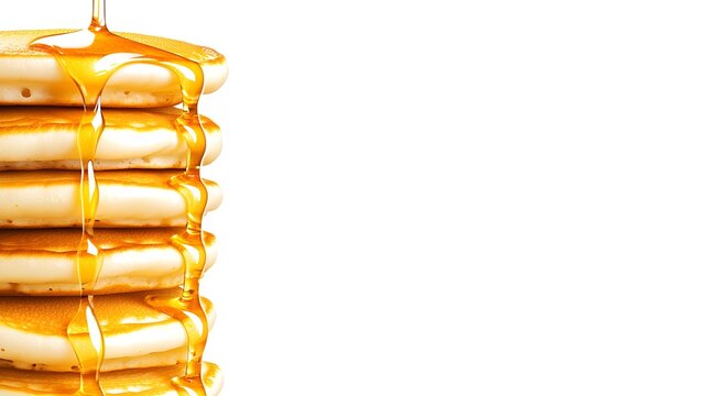 a realistic stack of pancakes with butter, dripping syrup, detailed texture, photorealistic, isolated on white background