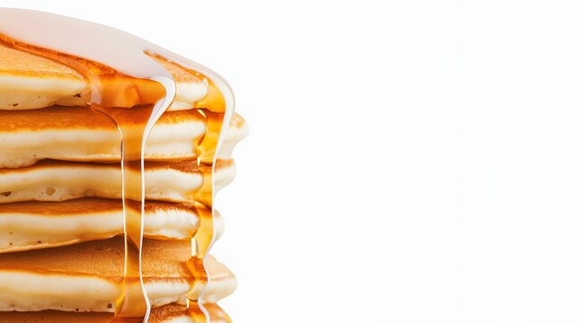 a realistic stack of pancakes with butter, dripping syrup, detailed texture, photorealistic, isolated on white background