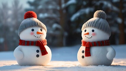 Two happy snowman wearing knitted wool hat and scarf in blurred snowy background. Winter holiday festive, merry Christmas and new year concept