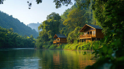 Fototapeta premium Serene river scene featuring wooden cabins nestled among lush greenery, surrounded by mountains and reflecting on calm waters.
