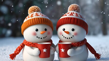 Two cheerful snowman wearing knitted wool hat and scarf, holding red paper coffee cup on snowy landscape with falling snowflake. Winter holiday festive, merry Christmas and new year concept