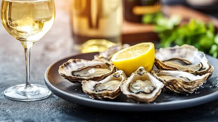 	
White wine in a glass and oysters in a restaurant on a yacht	
