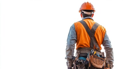 Full length back shot of a construction worker with a helmet isolated on white background